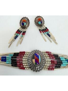 VTG QT Quoc Sterling Silver Multi Stone Inlay 9 Strand Liquid Bracelet Earring